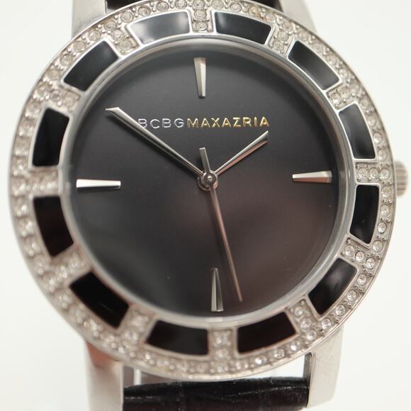 BCBG MAXAZRIA 38mm Black Watch Gem Glitz Bezel Black Leather with New Battery main image 5